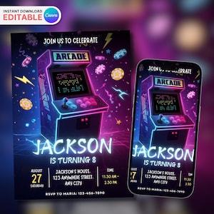 Faire-part d'anniversaire arcade, modèle d'anniversaire de jeu vidéo numérique pour enfants, invitation à une fête de jeu, modèle Canva 5 x 7 pouces