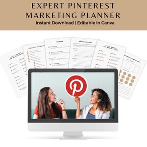 May include: A computer screen displaying two people smiling and holding a red Pinterest logo. The screen is surrounded by printable worksheets for Pinterest marketing planning, including sections for daily, weekly, and monthly tasks, Pinterest optimization, promoting content, product boards, and interest pin research.