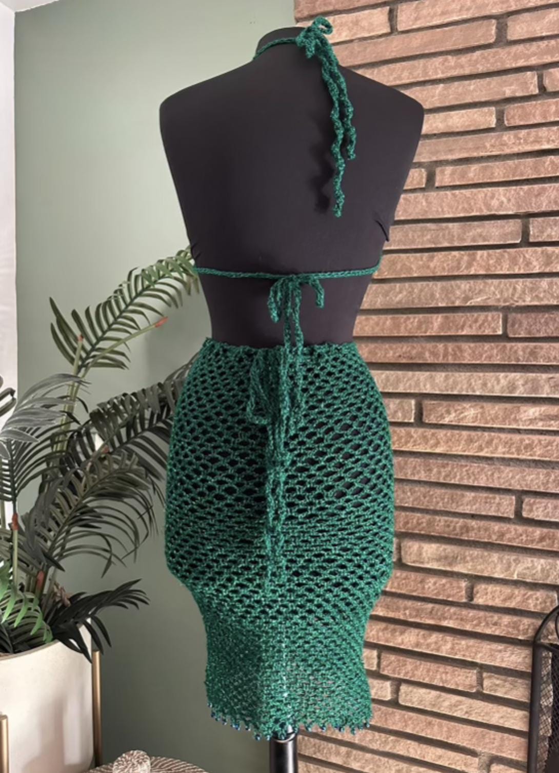 Short Emerald Green Crochet Dress - Handmade Halter Style with Metallic Shine - Adjustable Fit