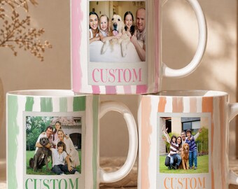 Custom Photo Mug, Personalized Family Pet Ceramic Cup, Custom Name Striped Coffee, Mug Personalized Gift For Her, Birthday Gift