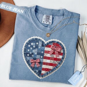 Comfort Colors® Faux Patchwork Patriotic Heart Tee, Coquette American heart, Cottagecore 4th Of July Tshirt