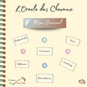 Könnte beinhalten: Ein Journal mit dem Titel "L'Oracle des Chevaux" und den Worten "Mon Journal" auf einem rechteckigen Etikett. Das Bild enthält die Wörter "Authenticité", "Réflexion", "Connexion", "Gratitude", "Bienveillance" und "Miroir".