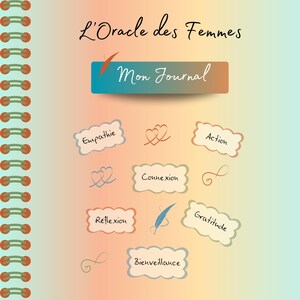Peut inclure: Un fond dégradé rose et orange avec un carnet à spirales. La couverture du carnet porte le texte "L'Oracle des Femmes" et "Mon Journal". Il y a plusieurs autocollants colorés avec des mots français comme "Empathie", "Action", "Gratitude" et "Bienveillance".