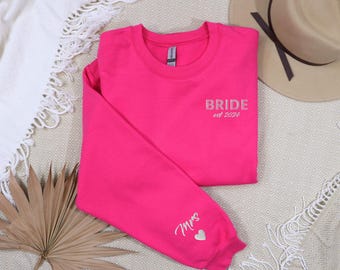 Personalized Gift For Bride, Embroidered Bride Sweatshirt, Initial Heart Sleeve, Engagement Gift, Unique Bridal Shower Gift, Mrs Sweatshirt