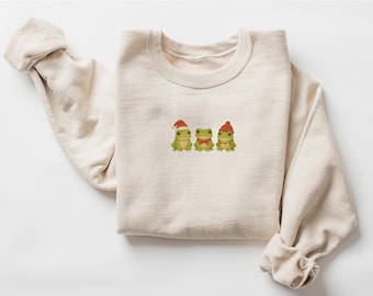 Frog Christmas Sweatshirt, Three Christmas Frog Shirt, Christmas Tiny Frog Tee, Frogs Wearing Hats Christmas Sweater, Kawaii Frog Lover Gift