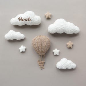Handmade Bouclé Hot Air Balloon Wall Decor with Clouds Stars – Personalized Nursery Name Sign Baby Shower Gift, Neutral Kids Room Decoration
