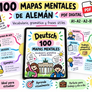 May include: A digital collection of 100 German mind maps in PDF format, featuring colorful illustrations, vocabulary, grammar, and useful phrases. The central display shows a tablet with the text Deutsch 100 Mapas Mentales and the Brandenburg Gate.