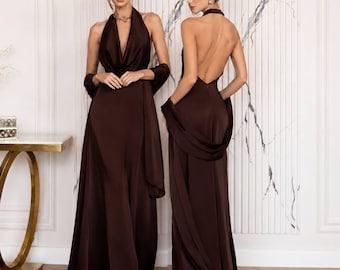 Vestido de dama de honor marrón, look maxi para invitada de boda, vestido sin espalda con escote drapeado / vestido de fiesta, atuendo de gala, vestido de noche