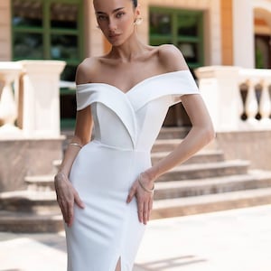 Off Shoulder Wedding Dress • Strapless White Bridal Rehearsal Dress • Strapless Dress for Courthouse Ceremony •  Wrap Dress