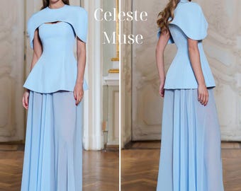 Maxi robe corset multicolore trois pièces avec jupe transparente et cape, Robe de demoiselle d'honneur | Fête de fiançailles | Robe de cérémonie,| Robe d'invitée de mariage