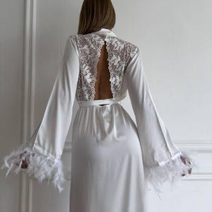 Luxury Bridal Satin Robe with Lace Back and Feather Trim Sleeves | Elegant Robe for Bride | White Long Wedding Morning Dressing Gown
