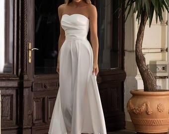 Modern Strapless Midi Bridal Dress | Designer-Inspired Civil Wedding, Elopement & Rehearsal Dinner Gown