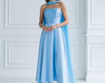 Blue Satin Midi Dress | Elegant Strapless Bridesmaid Dress | Luxury Garden Party & Wedding Guest Outfit