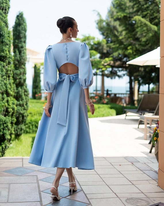 light blue dress with bow Sky Mother of the Bride | Dusty Pink Open Back Bridesmaid Dress | Backless Midi Dress | Wedding Guest Dress satin chiffon This stunning dress combines Will you try? Here’s Size:US size 14