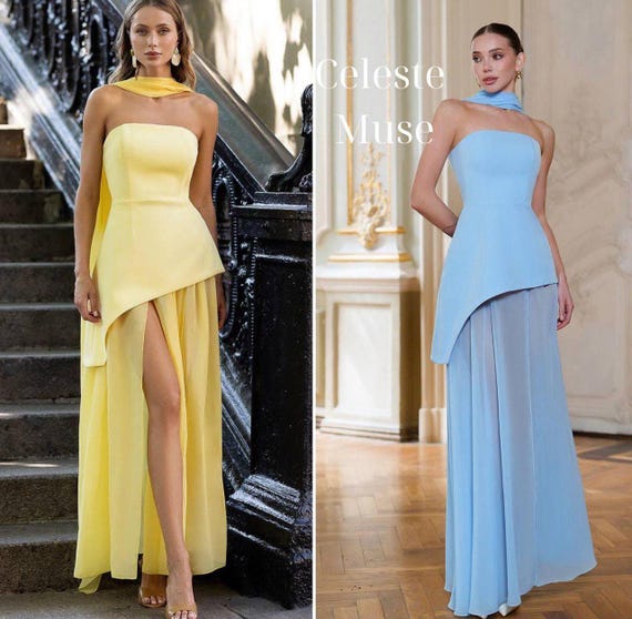 Elegant Asymmetrical Evening Dress with Skirt & Scarf - Multiple Colors, Formal Gown | Wedding Guest | Bridesmaid Dress, Wedding Guest Dress