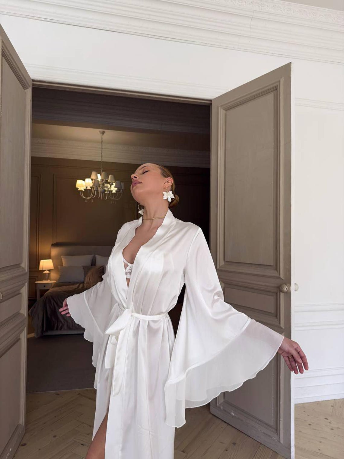 Luxury Satin Bridal Robe With Angel Sleeves | White Wedding Morning ...