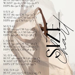May include: A size chart with the text SIZE CHART, listing measurements for sizes XS through XXL. It includes bust, waist, and hip measurements in both centimeters and inches for US sizes 2 through 12, overlaid on a light, sheer fabric background.