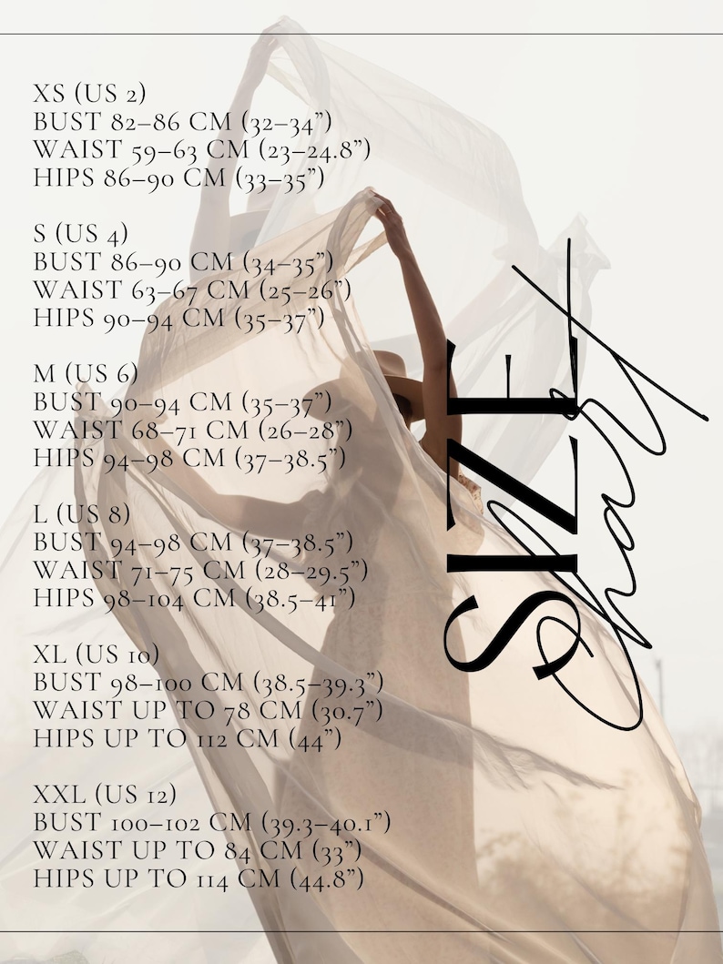 May include: A size chart with the text SIZE CHART, listing measurements for sizes XS through XXL. It includes bust, waist, and hip measurements in both centimeters and inches for US sizes 2 through 12, overlaid on a light, sheer fabric background.