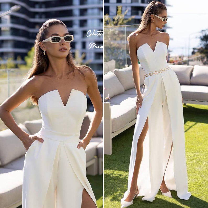 Wedding Romper, White Bridal Jumpsuit, White Women One Piece, Rehearsal Dinner, Mother of Bride, Wide Legs High Slit Romper image 2