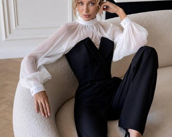 Zwarte strapless jumpsuit voor dames, outfit voor avondje uit, zwarte formele outfit, jumpsuit voor cocktailparty, jumpsuit met wijde pijpen