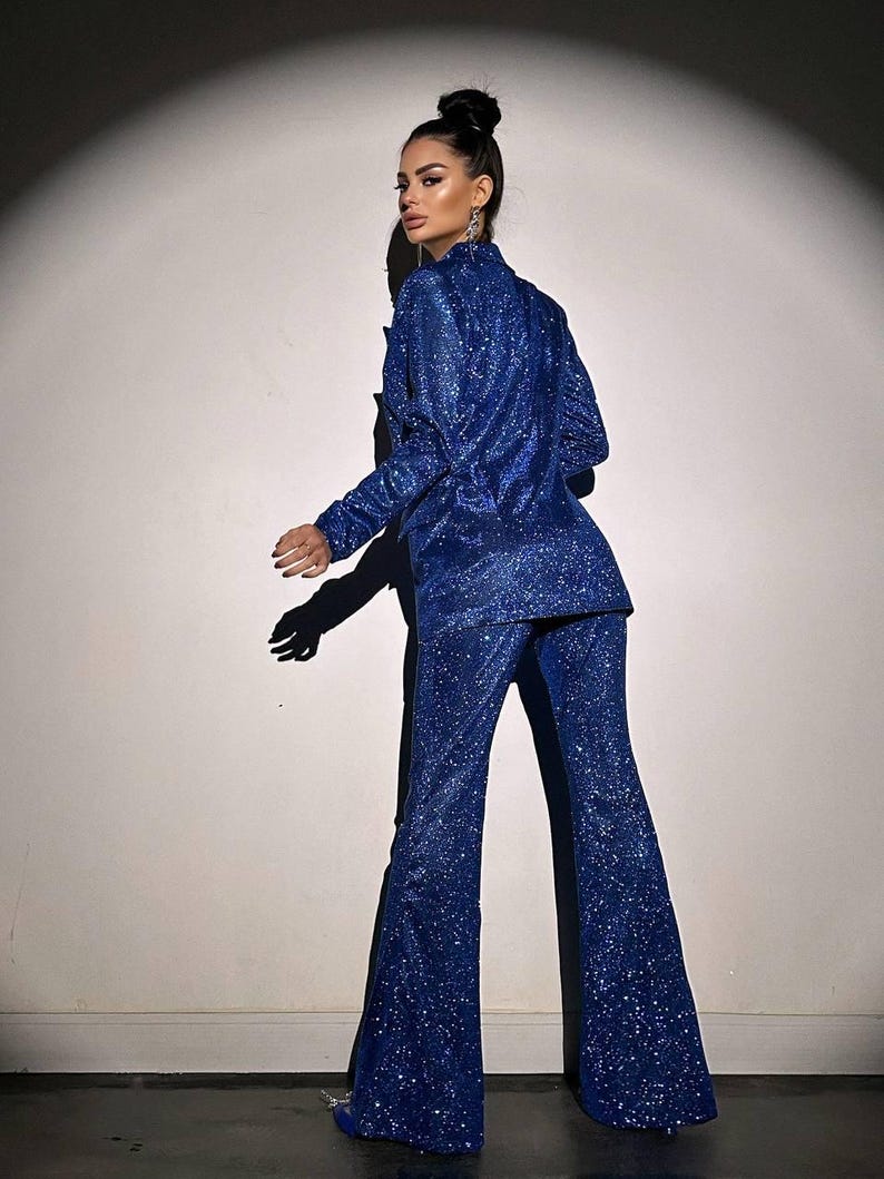 Blue Lurex Pantsuit, Wide-Leg Trousers, Blazer with Cup Inserts, Shiny Valentine’s Day Outfit, Red Cocktail Suit for Special Occasions image 13