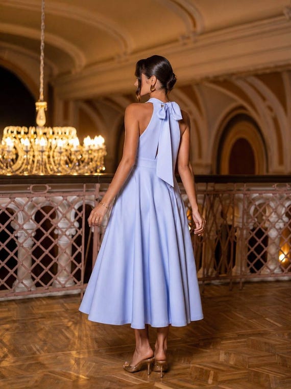 blue halter dress midi Dress, Wedding Guest Dress, Formal Midi Dress, Graduation Dress, Evening Dress, Event Dress, Minimalist It is fully lined