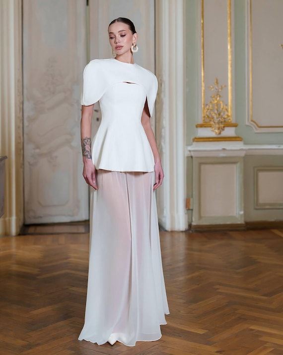 white dress sheer skirt Puff-Sleeve Off-White A-Line Midi Dress