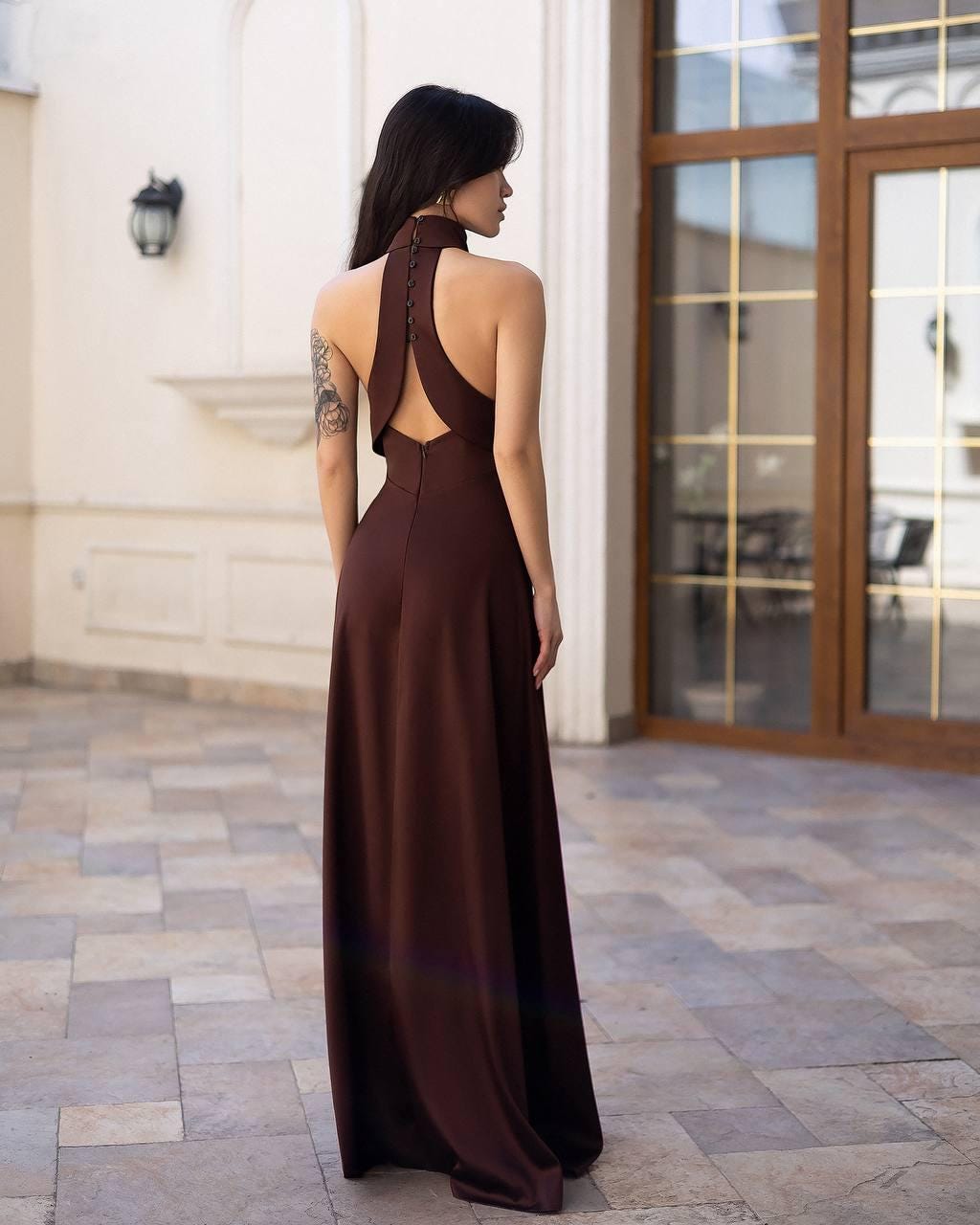 Chocolate Brown Satin Bridesmaid Dress, Elegant Halter Maxi Dress, Brown Wedding Guest Dress, Satin Formal Gown, Luxury Bridesmaid Dress
