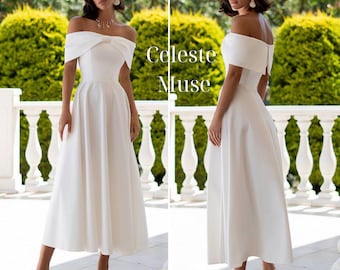 Elegante vestido midi blanco con hombros descubiertos: vestido blanco sin tirantes para cumpleaños, fiesta de compromiso, despedida de soltera o recepción.