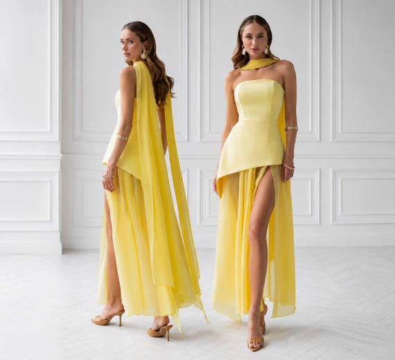 yellow scarf dress Strapless Maxi With Scarf, Chiffon Slit Dress, Evening Dress, Wedding Guest Dress, European Summer Outfit, Formal Gown Featuring a unique design and flattering silhouette self-portrait - Yellow Georgette Scarf