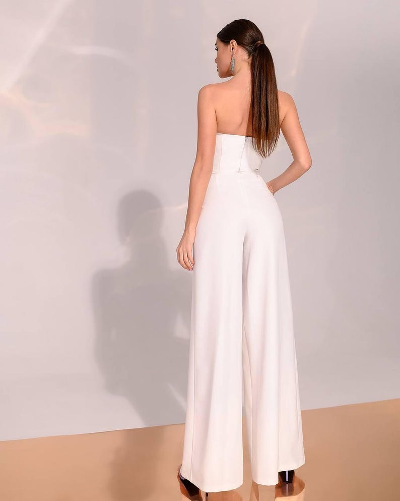 Wedding Romper, White Bridal Jumpsuit, White Women One Piece, Rehearsal Dinner, Mother of Bride, Wide Legs High Slit Romper image 11