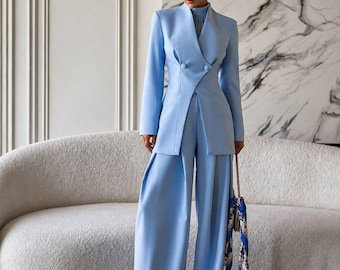 Blue Women’s Two-Piece Suit, Tailored Suit Women, Wedding Guest Outfit, Formal Suit Set, Wide Leg Pants Suit, Event Outfit, Birthday Outfit