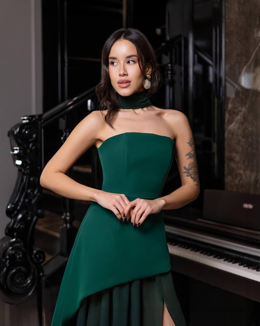 strapless green dress cheap Emerald Dress, Green Chiffon Maxi Dress, Formal Evening Gown, Old Money Dress, Wedding Guest Dress, Gala with Scarf mothers day gift