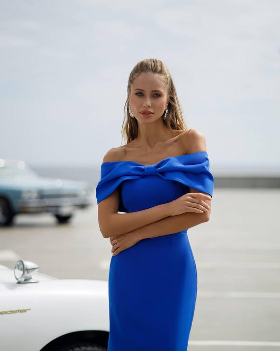 royal blue formal dress off the shoulder Off-the-Shoulder Stretch Evening Dress I Prom Dresses – UME London main image 0
