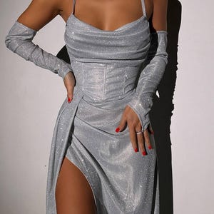 Shiny Lurex Corset Set with Gloves and Maxi Skirt, Glamorous Sparkling Outfit for Special Occasions, Luxury Evening Wear