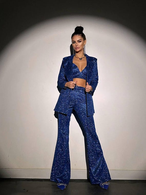 Blue Lurex Pantsuit, Wide-Leg Trousers, Blazer with Cup Inserts, Shiny Valentine’s Day Outfit, Red Cocktail Suit for Special Occasions