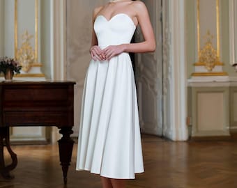 Vestido de novia midi con corsé para compromiso, ceremonia civil, cena de ensayo, despedida de soltera y recepción / Vestido de novia elegante y sencillo
