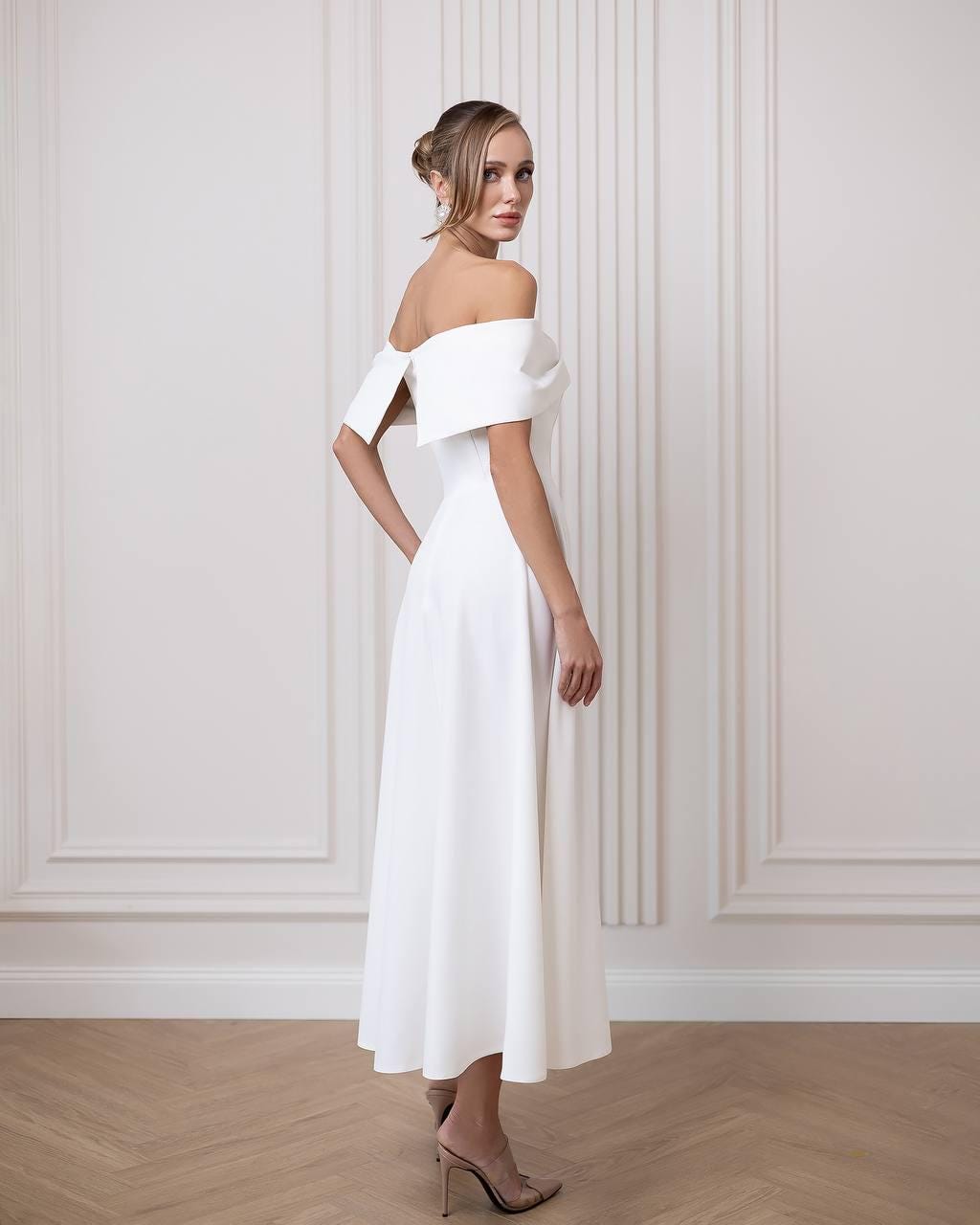 formal women's white goddess off the shoulder dress for roleplay Elegant White Off-shoulder Midi Dress – Strapless White Birthday Outfit |  Engagement Party | Bridal Shower Outfit, Reception Dress