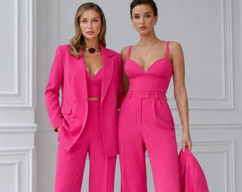 Hot Pink Pantsuit Set for Women, Blazer Set, Pink Wide Leg Pants Set, Birthday Outfit, Bachelorette Outfit, Barbiecore Suit, Statement Suit