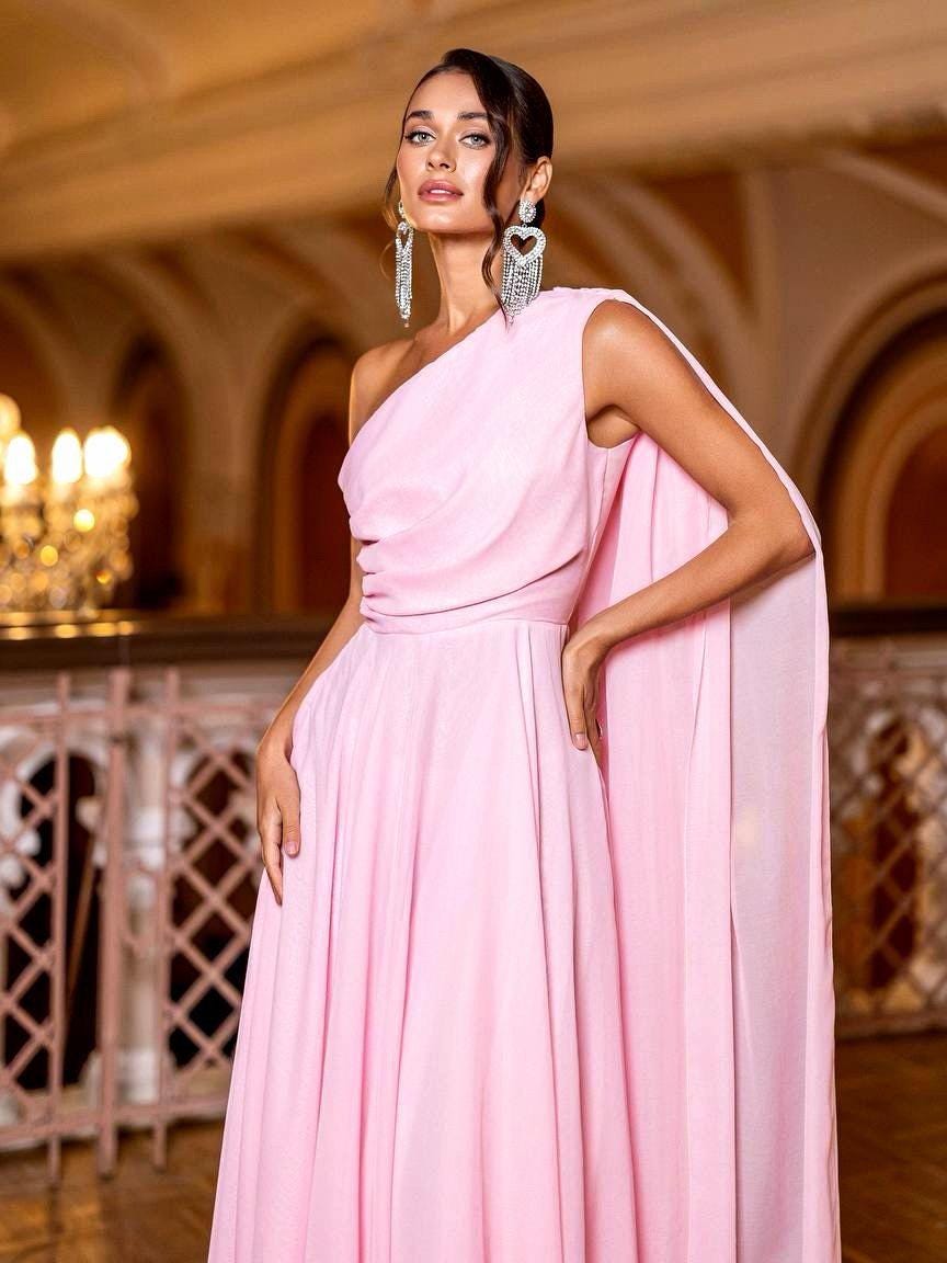 Pink One Shoulder Chiffon Dress, Wedding Guest Dress, Romantic Maxi Dress, Elegant Event Dress, Birthday Dress Women