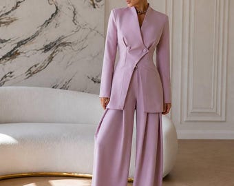 Tailored Suit for Women, Wedding Guest Outfit, Formal Suit Set, Wide Leg Pants Suit
