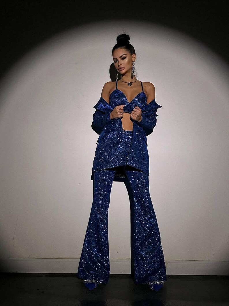Blue Lurex Pantsuit, Wide-Leg Trousers, Blazer with Cup Inserts, Shiny Valentine’s Day Outfit, Red Cocktail Suit for Special Occasions image 18