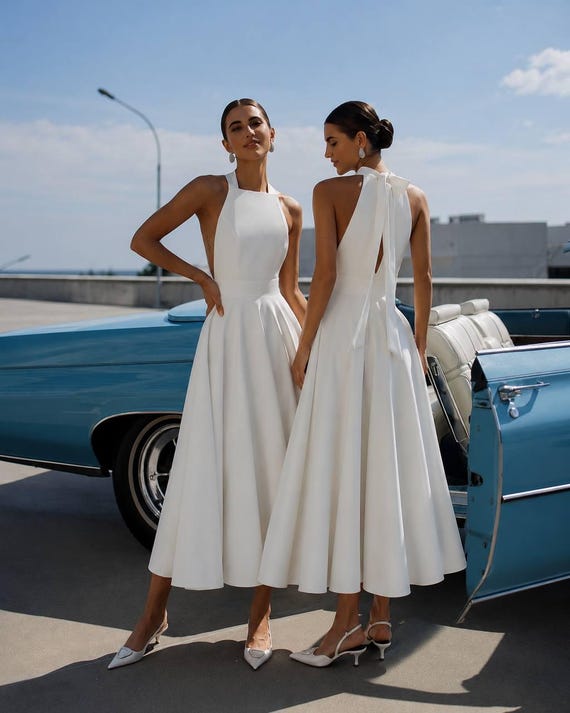 ivory courthouse wedding dress Dress, Open Back Halter Bridal Dress, Midi Civil Wedding Dress, Minimalist Bride Dress, Elopement Bridal Look FW20