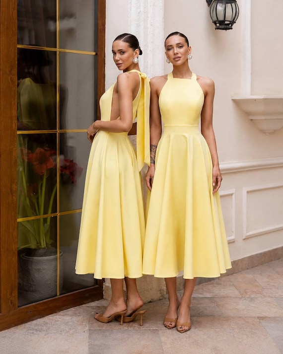 Yellow Midi Dress With Bow, Summer Wedding Guest Dress, Garden Party Dress, Tea Length Dress, Elegant Yellow Dress