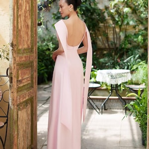 Puede incluir: Un vestido largo rosa p&aacute;lido con la espalda baja y mangas tipo capa. El vestido se lleva con tacones a juego. El escenario es al aire libre, con una puerta de madera y exuberante vegetaci&oacute;n en el fondo.