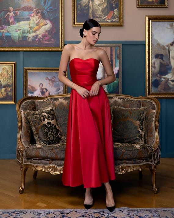 Luxury Red Strapless Midi Dress | Elegant Valentine's & Anniversary Outfit  | Holiday Party Formal Dress, Gala Events - Etsy Israel