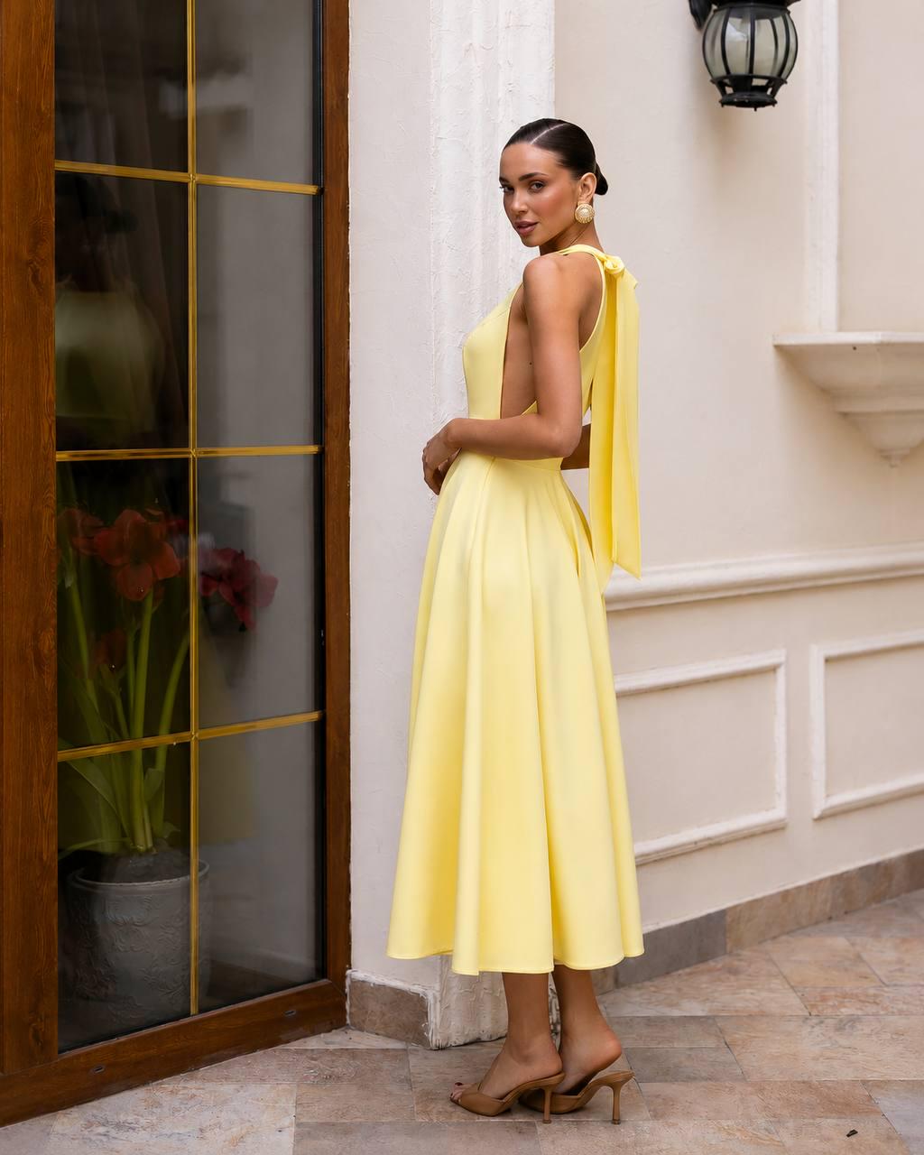 Yellow Midi Dress With Bow, Summer Wedding Guest Dress, Garden Party Dress, Tea Length Dress, Elegant Yellow Dress