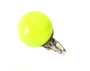 STERLING MOONGLOW RING Vintage Sterling Silver Lucite Moonglow Fleur de Lis Design Adjustable Ring