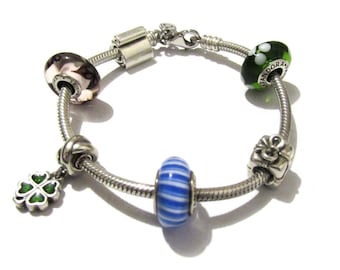 Pandora Sterling Silver Charm Bracelet: Green Enamel Clover, 7.25”