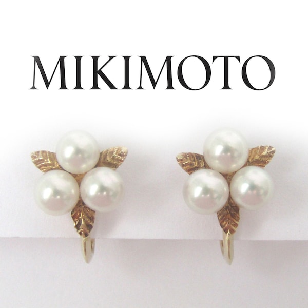 MIKIMOTO GOLD EARRINGS Vintage 14k Solid Yellow Gold Shamrock Design 4.5 mm Cultured Pearl Screw Back Earrings